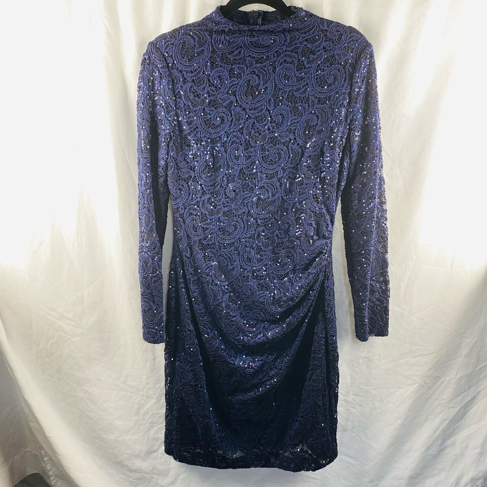 Lauren Ralph Lauren Navy High Neck Lace Sequined Long Sleeve Dress 12 Modest
